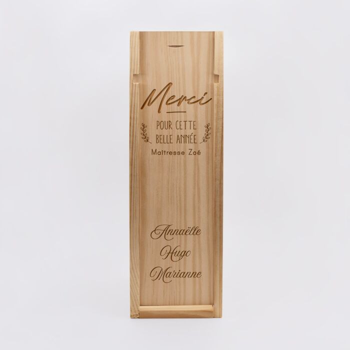 Caisse de vin personnalisée bois couvercle gravé - Edition spéciale "Merci pour cette belle année" - prénoms enfants