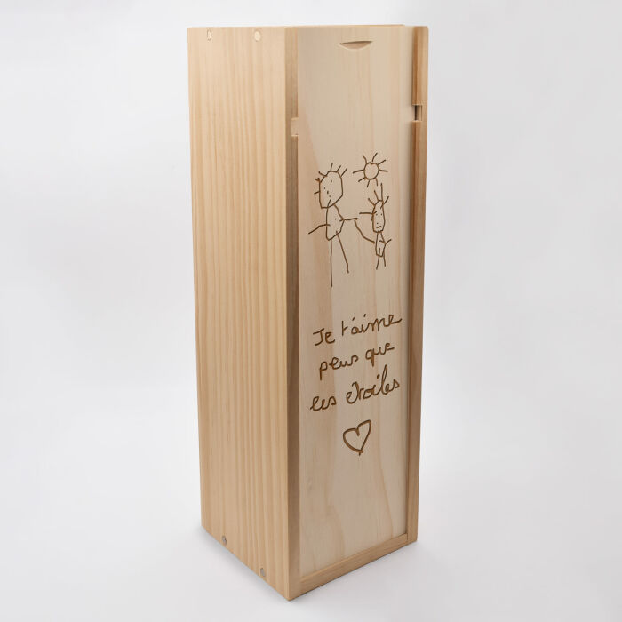 Caisse de champagne bois couvercle gravé - écrit et dessin enfant