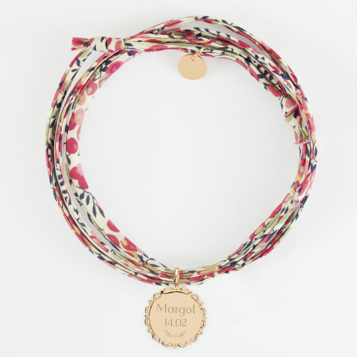 Bracelet 3 tours Liberty personnalisé médaille vintage dentelée gravée plaqué or 17 mm - texte pictogramme