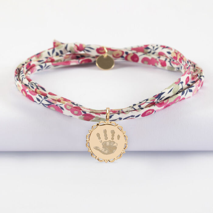 Bracelet 3 tours Liberty personnalisé médaille vintage dentelée gravée plaqué or 17 mm - empreinte