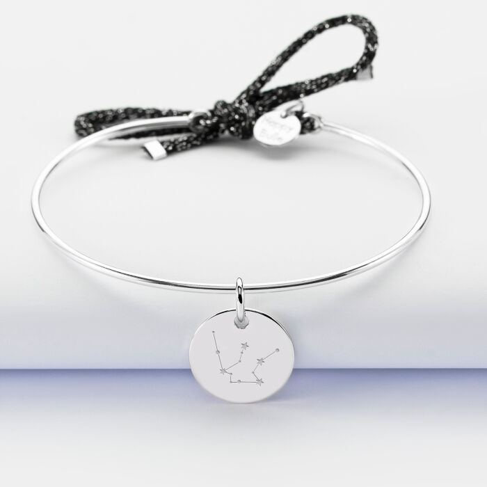 Bracelet personnalisé jonc argent et cordon pailleté médaille gravée 15 mm - illustration