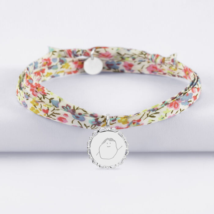 Bracelet 3 tours Liberty personnalisé médaille vintage dentelée gravée argent 17 mm - dessin