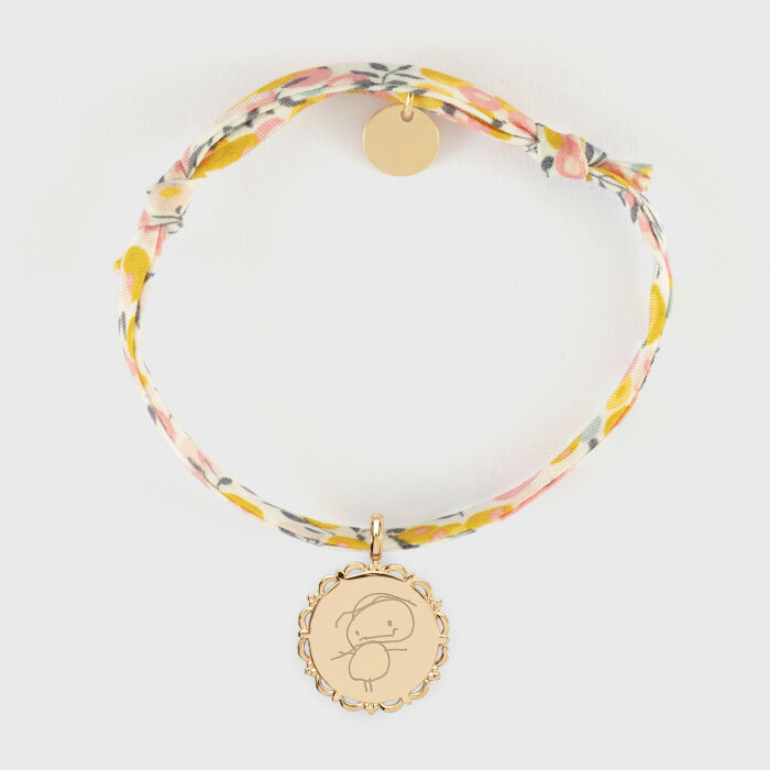Bracelet enfant Liberty personnalisé médaille vintage dentelée gravée plaqué or 17 mm - dessin