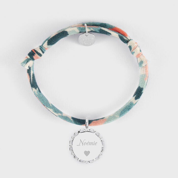 Bracelet enfant Liberty personnalisé médaille vintage dentelée gravée argent 17 mm - texte pictogramme
