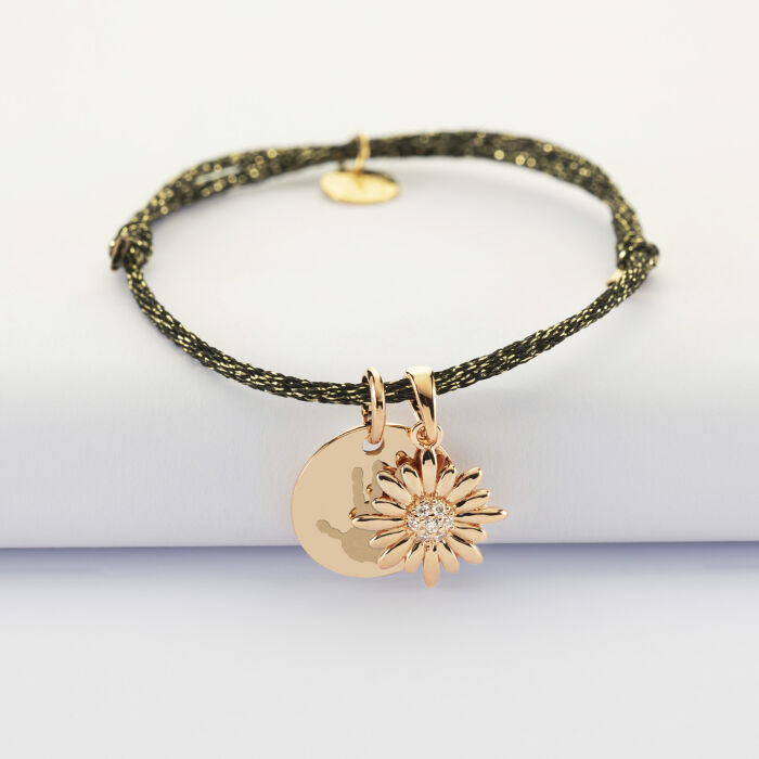 Bracelet personnalisé cordon pailleté médaille gravée plaqué or 15 mm et breloque tournesol scintillant 13 mm - empreinte