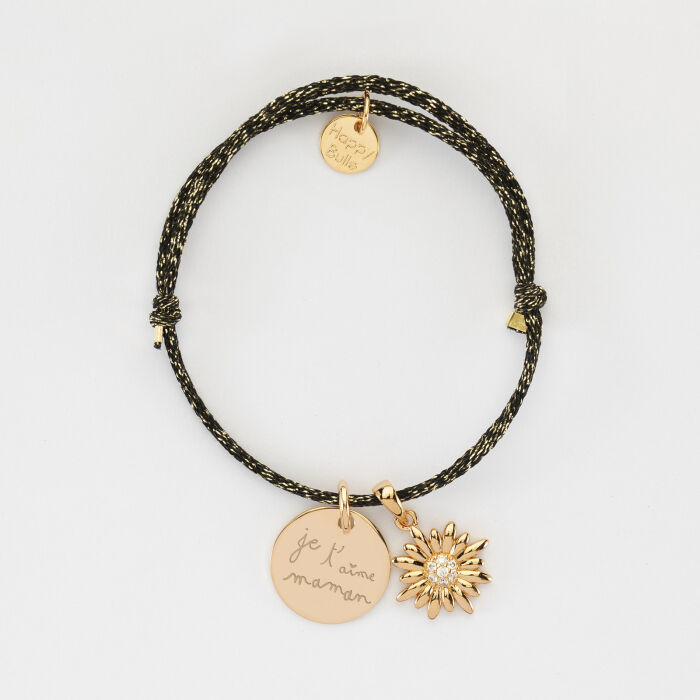 Bracelet personnalisé cordon pailleté médaille gravée plaqué or 15 mm et breloque tournesol scintillant 13 mm - écrit