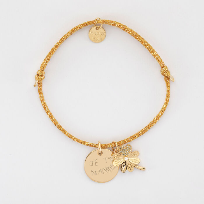 Bracelet personnalisé cordon pailleté médaille gravée plaqué or 15 mm et breloque trèfle scintillant 15 mm - écrit