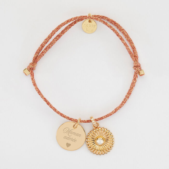 Bracelet personnalisé cordon pailleté médaille gravée plaqué or 15 mm et breloque marguerite scintillant 14 mm - texte + picto