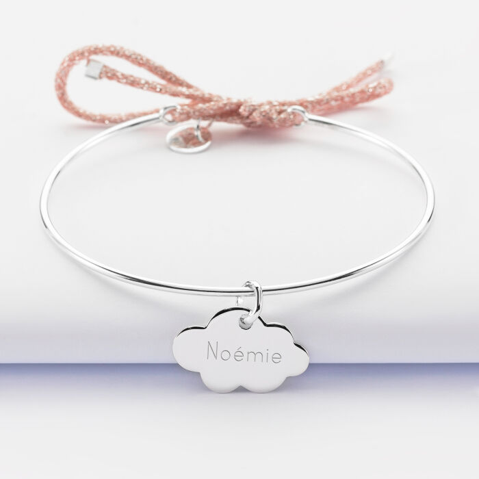 Personalised silver and sparkly cord bangle bracelet and 19 mm engraved cloud medallion 20x14 mm - name