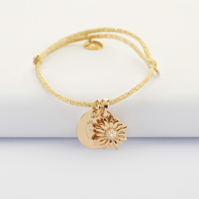 Bracelet enfant personnalisé cordon pailleté médaille gravée plaqué or 15 mm et breloque tournesol scintillant 13 mm - dessin