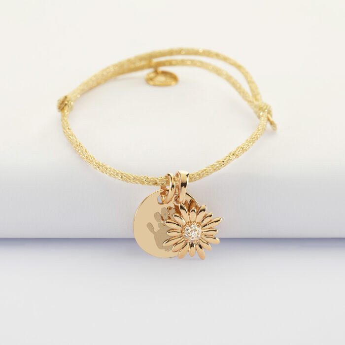 Bracelet enfant personnalisé cordon pailleté médaille gravée plaqué or 15 mm et breloque tournesol scintillant 13 mm - empreinte