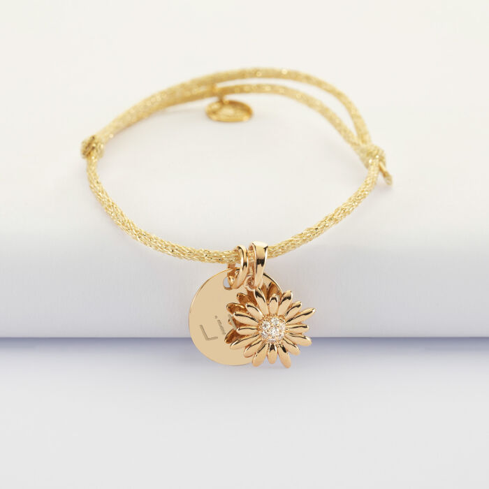 Bracelet enfant personnalisé cordon pailleté médaille gravée plaqué or 15 mm et breloque tournesol scintillant 13 mm - ecrit