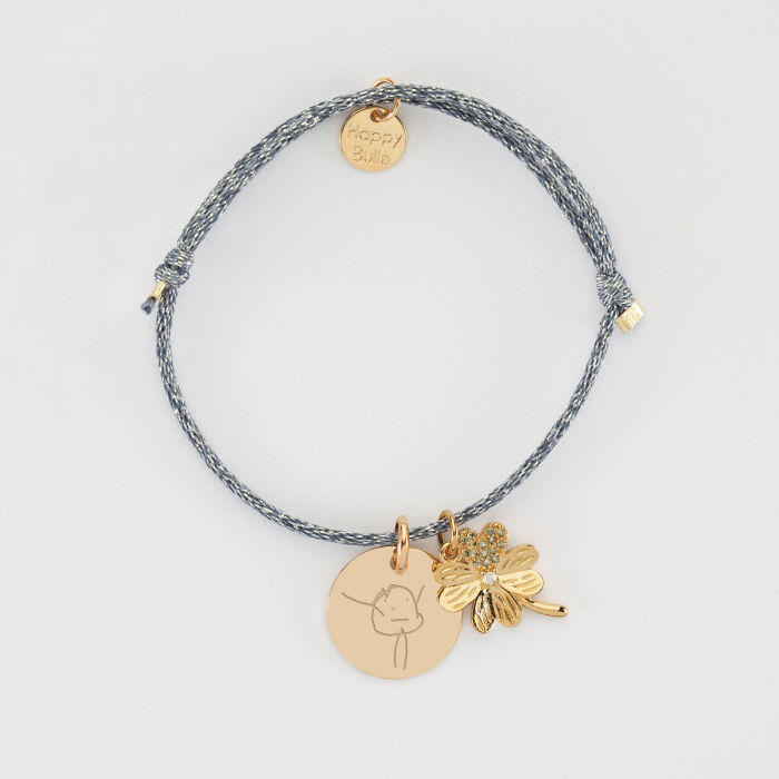 Bracelet enfant personnalisé cordon pailleté médaille gravée plaqué or 15 mm et breloque trèfle scintillant 15 mm - dessin