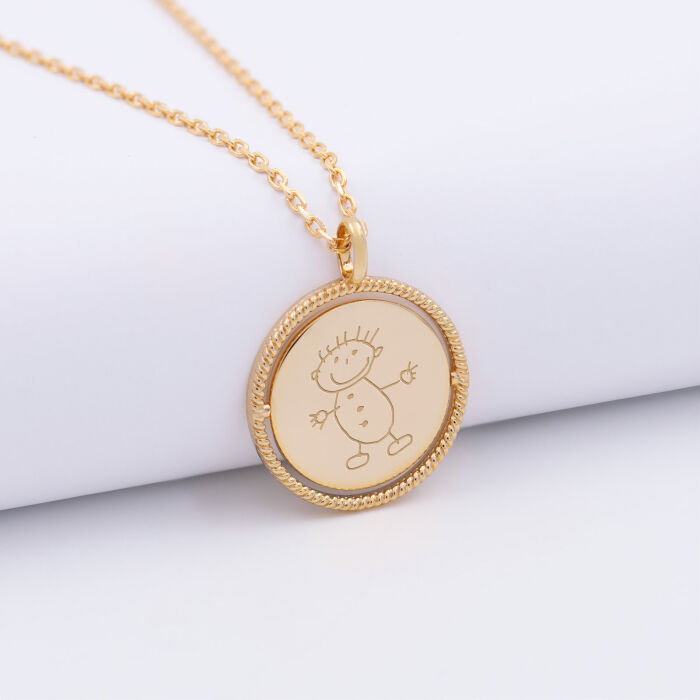 Pendentif personnalisé médaille réversible contour tressé Eternelle gravée plaqué or 18 mm - dessin