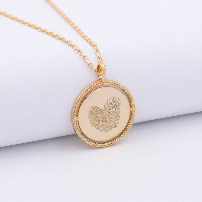 Pendentif enfant personnalisé médaille réversible contour tressé Eternelle gravée plaqué or 18 mm - empreinte