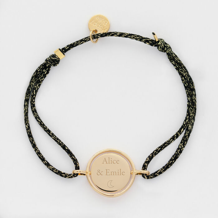 Bracelet personnalisé cordon pailleté médaille réversible Eternelle gravée plaqué or 2 trous 16 mm - texte pictogramme