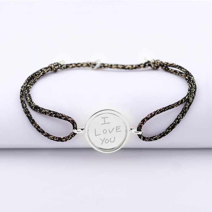 Bracelet personnalisé cordon pailleté médaille réversible Eternelle gravée argent 2 trous 16 mm - écrit