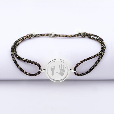 Bracelet personnalisé cordon pailleté médaille réversible Eternelle gravée argent 2 trous 16 mm - empreinte