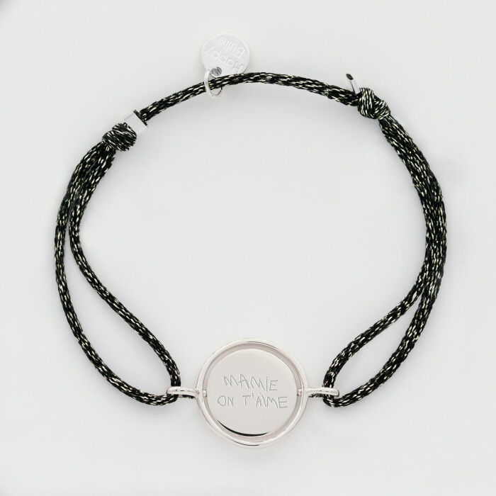 Bracelet personnalisé cordon pailleté médaille réversible Eternelle gravée argent 2 trous 16 mm - écrit