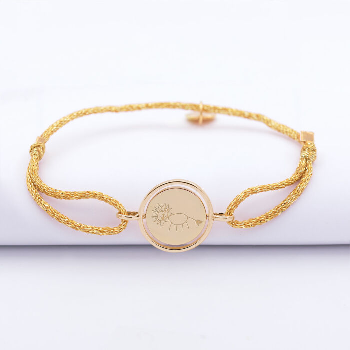 Bracelet enfant personnalisé cordon pailleté médaille réversible Eternelle gravée plaqué or 2 trous 16 mm - dessin