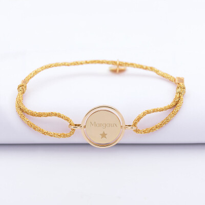 Bracelet enfant personnalisé cordon pailleté médaille réversible Eternelle gravée plaqué or 2 trous 16 mm - texte pictogramme