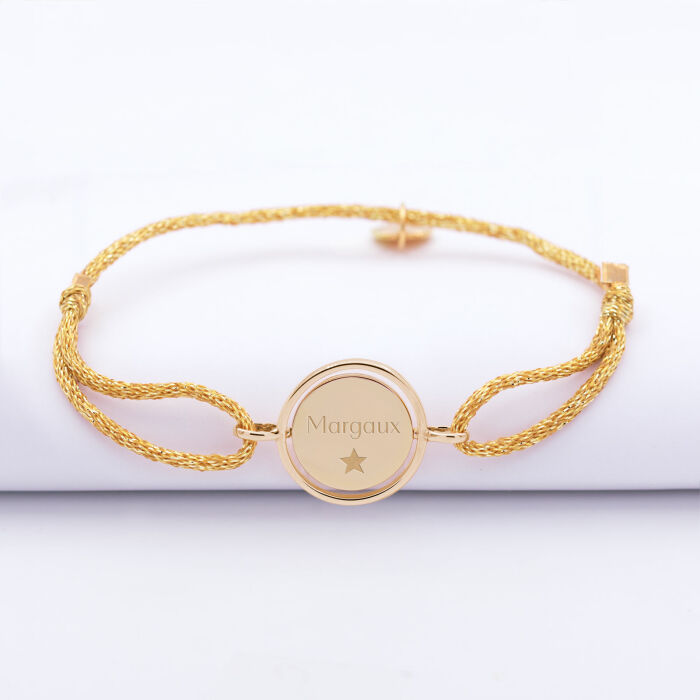 Bracelet enfant personnalisé cordon pailleté médaille réversible Eternelle gravée plaqué or 2 trous 16 mm - texte pictogramme