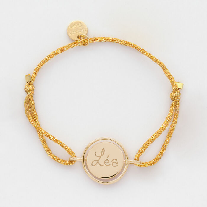 Bracelet enfant personnalisé cordon pailleté médaille réversible Eternelle gravée plaqué or 2 trous 16 mm - écrit