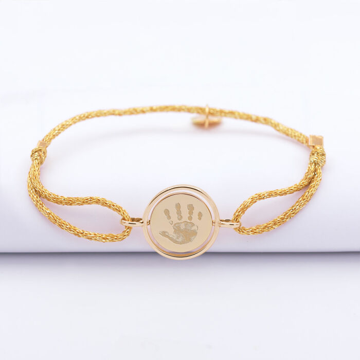 Bracelet enfant personnalisé cordon pailleté médaille réversible Eternelle gravée plaqué or 2 trous 16 mm - empreinte
