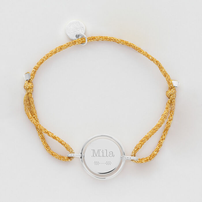 Bracelet enfant personnalisé cordon pailleté médaille réversible Eternelle gravée argent 2 trous 16 mm - texte picto