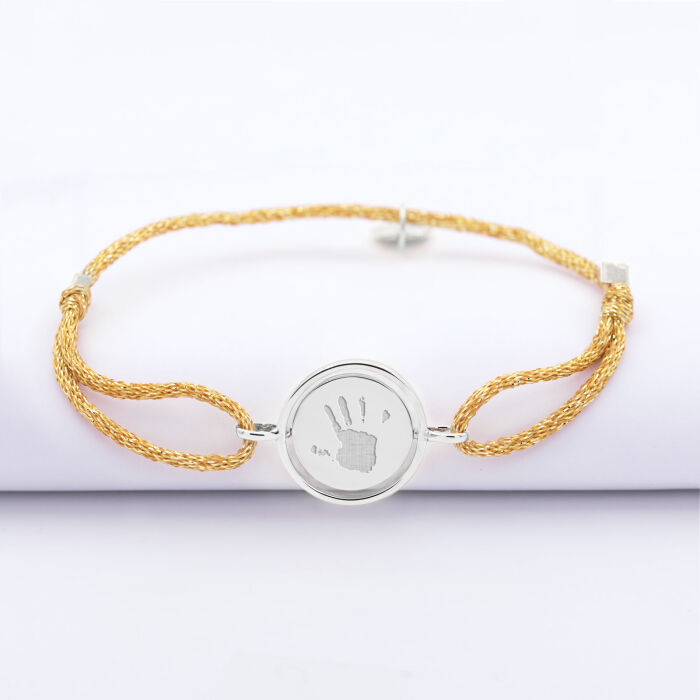 Bracelet enfant personnalisé cordon pailleté médaille réversible Eternelle gravée argent 2 trous 16 mm - empreinte