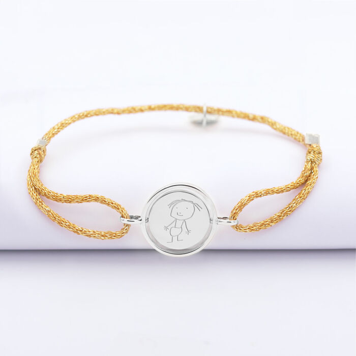 Bracelet enfant personnalisé cordon pailleté médaille réversible Eternelle gravée argent 2 trous 16 mm - dessin