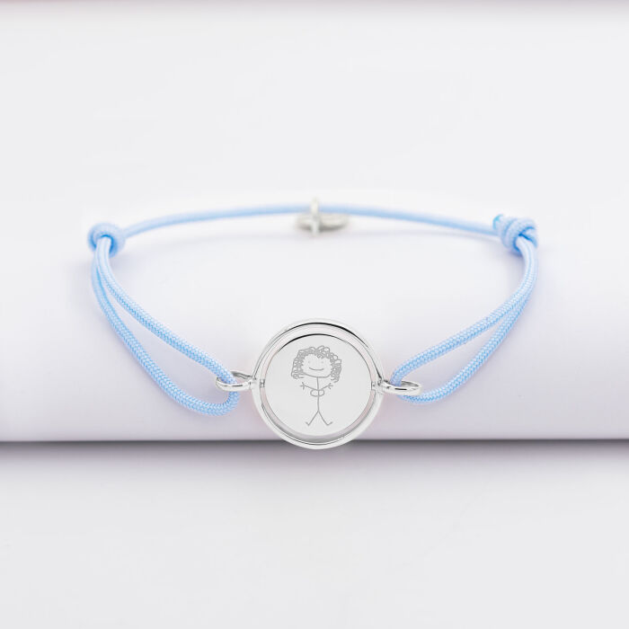 Bracelet enfant personnalisé cordon médaille réversible Eternelle gravée argent 2 trous 16 mm - dessin