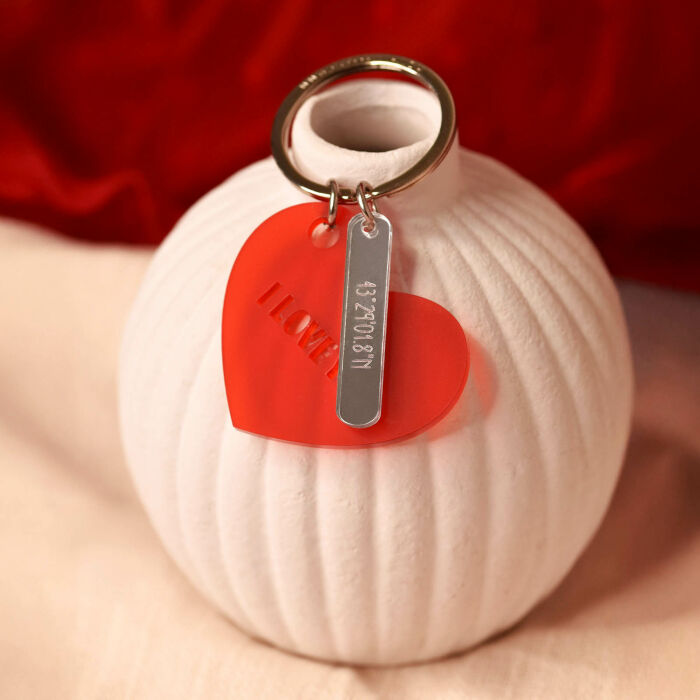 Personalised Red Acrylic Heart Keyring with Engraved Mirror Charm 40x8 mm