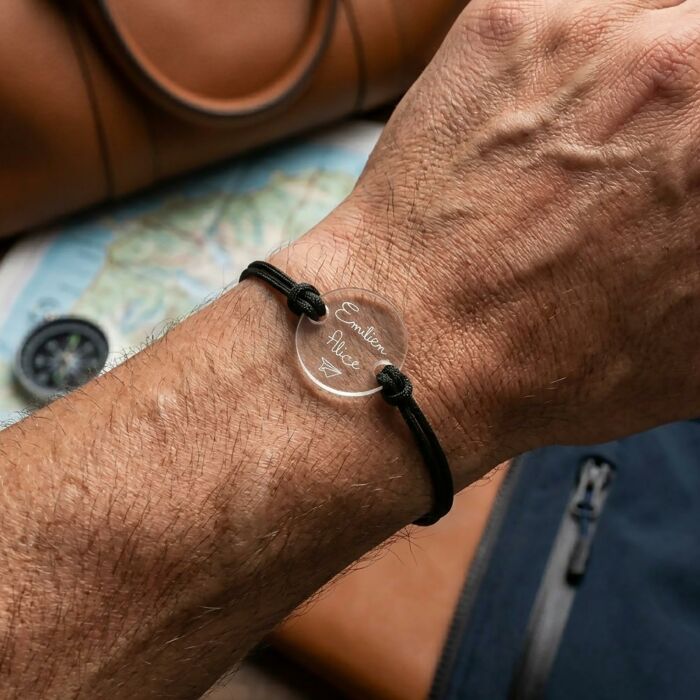 Personalised Men's Double Cord Bracelet with Engraved Acrylic 2-Holes Disc 21 mm