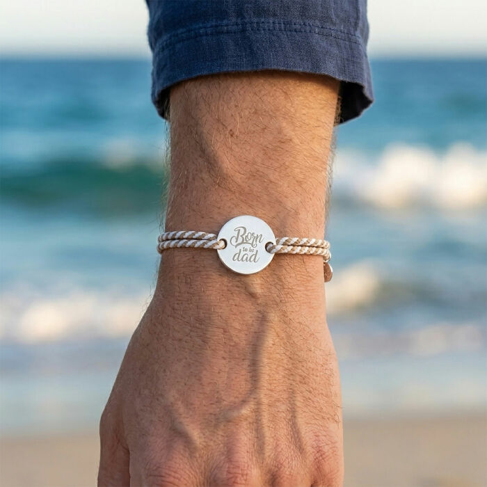 Pulsera hombre personalizada cordón marino trenzado medalla grabada plata 2 orificios 20 mm