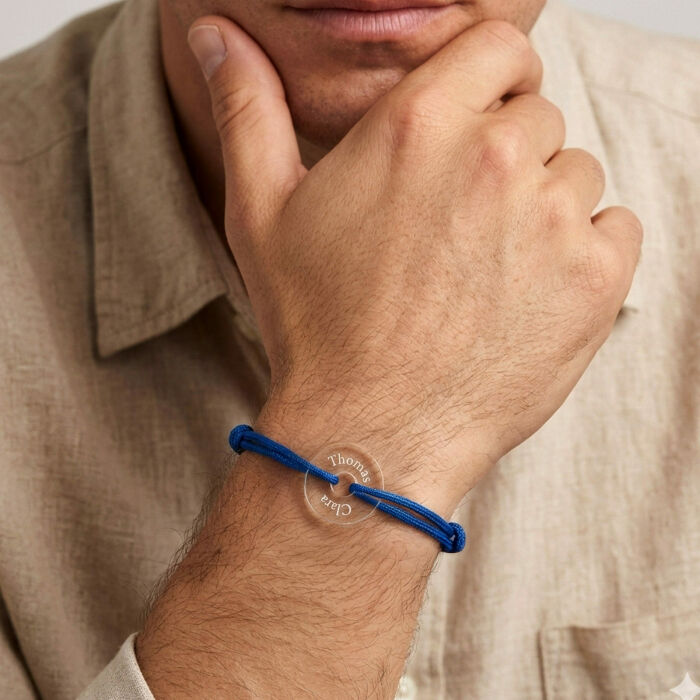 Bracciale uomo personalizzato cordino doppio medaglietta incisa acrilico disco aperto 21 mm