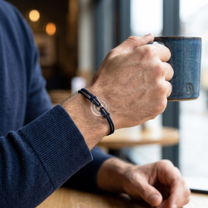 Bracciale uomo personalizzato cordino doppio medaglietta incisa acrilico disco aperto 21 mm