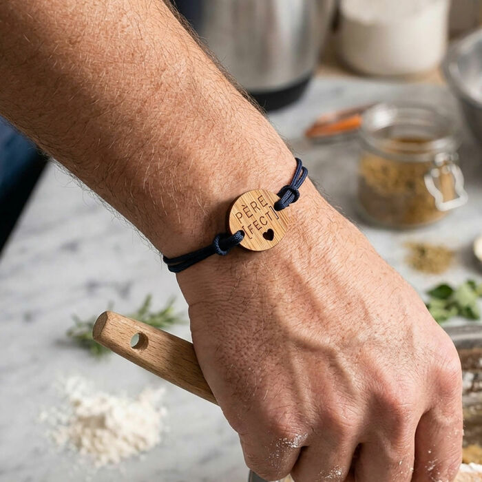 Bracelet homme médaille gravée bois ronde 21 mm - Edition spéciale "Père fect"