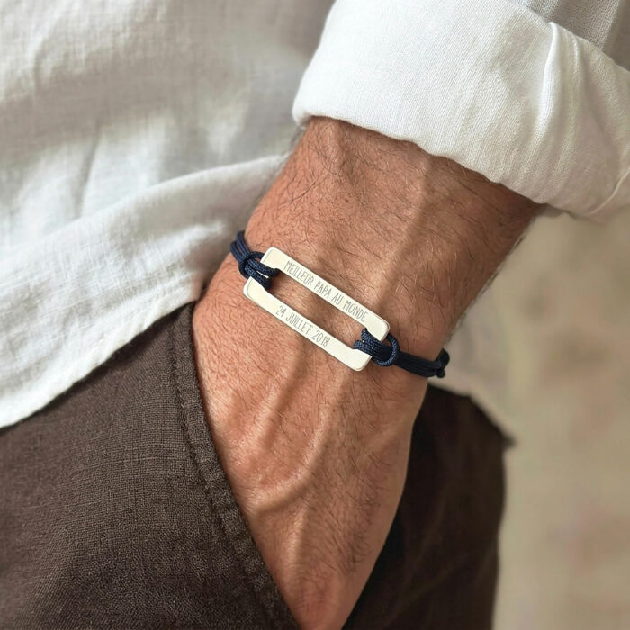 Bracciale uomo personalizzato cordino doppio medaglietta incisa acciaio rettangolare vuoto 32x14 mm