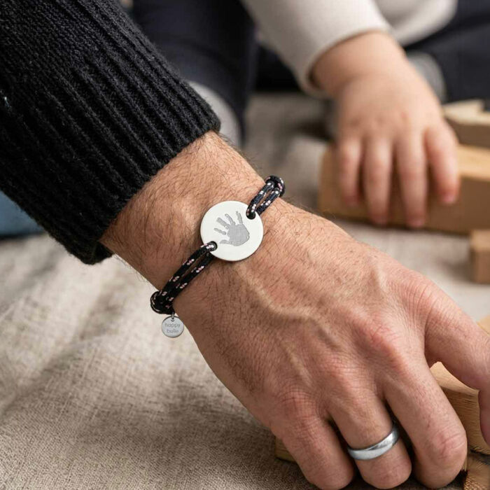 Bracciale uomo personalizzato cordino marinaio medaglietta incisa argento 2 buchi 20 mm