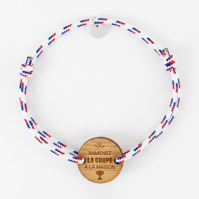 Bracelet homme personnalisé cordage marin tricolore simple médaille gravée bois ronde 2 trous 21 mm - Edition spéciale Coupe du Monde - Illustration Coupe Maison