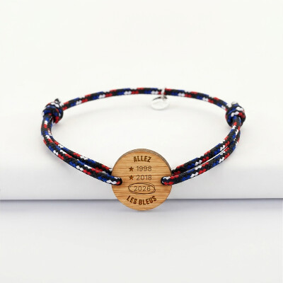 Bracelet homme personnalisé cordage marin tricolore simple médaille gravée bois ronde 2 trous 21 mm - Edition spéciale Coupe du Monde - Illustration Allez les Bleus