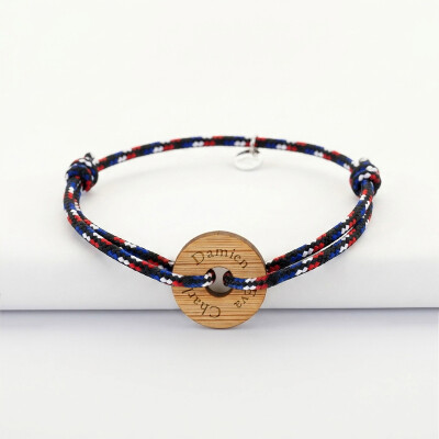 Bracelet homme personnalisé cordage BLEU BLANC ROUGE médaille gravée bois cible ronde 21 mm - Prénoms