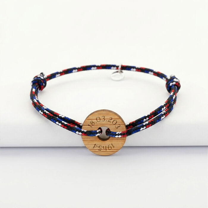 Bracelet homme personnalisé cordage BLEU BLANC ROUGE médaille gravée bois cible ronde 21 mm - Date heure