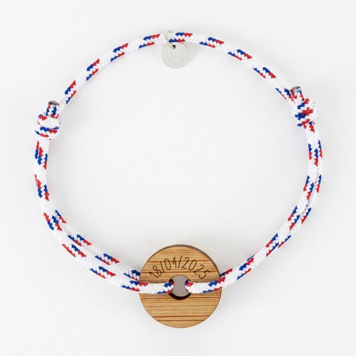 Bracelet homme personnalisé cordage BLEU BLANC ROUGE médaille gravée bois cible ronde 21 mm - Date