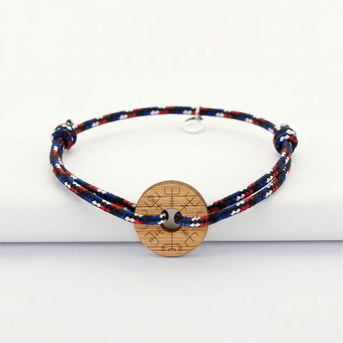 Bracelet homme personnalisé cordage BLEU BLANC ROUGE médaille gravée bois cible ronde 21 mm - Ornement