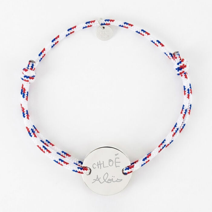 Bracelet homme personnalisé cordage BLEU BLANC ROUGE médaille gravée argent 2 trous 20 mm - écrit