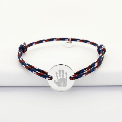 Bracelet homme personnalisé cordage BLEU BLANC ROUGE médaille gravée argent 2 trous 20 mm - empreinte