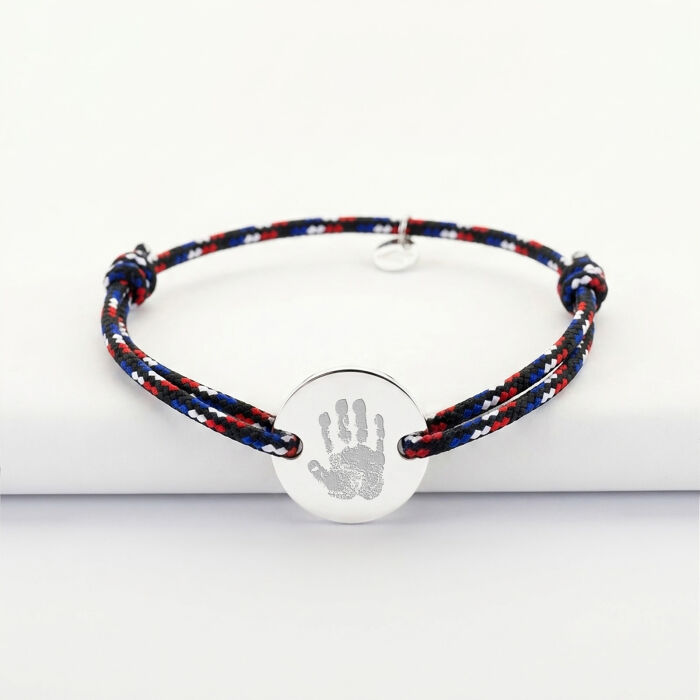 Bracelet homme personnalisé cordage BLEU BLANC ROUGE médaille gravée argent 2 trous 20 mm - empreinte