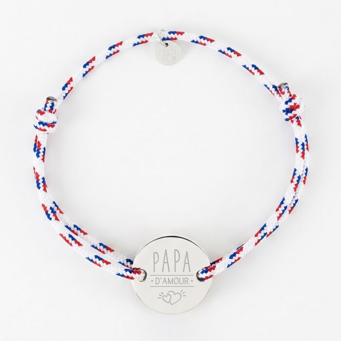 Bracelet homme personnalisé cordage BLEU BLANC ROUGE médaille gravée argent 2 trous 20 mm - illustration